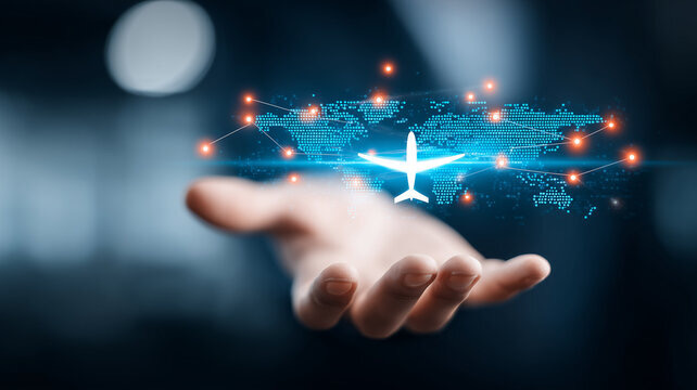 Holographic airline map on the top of the hand